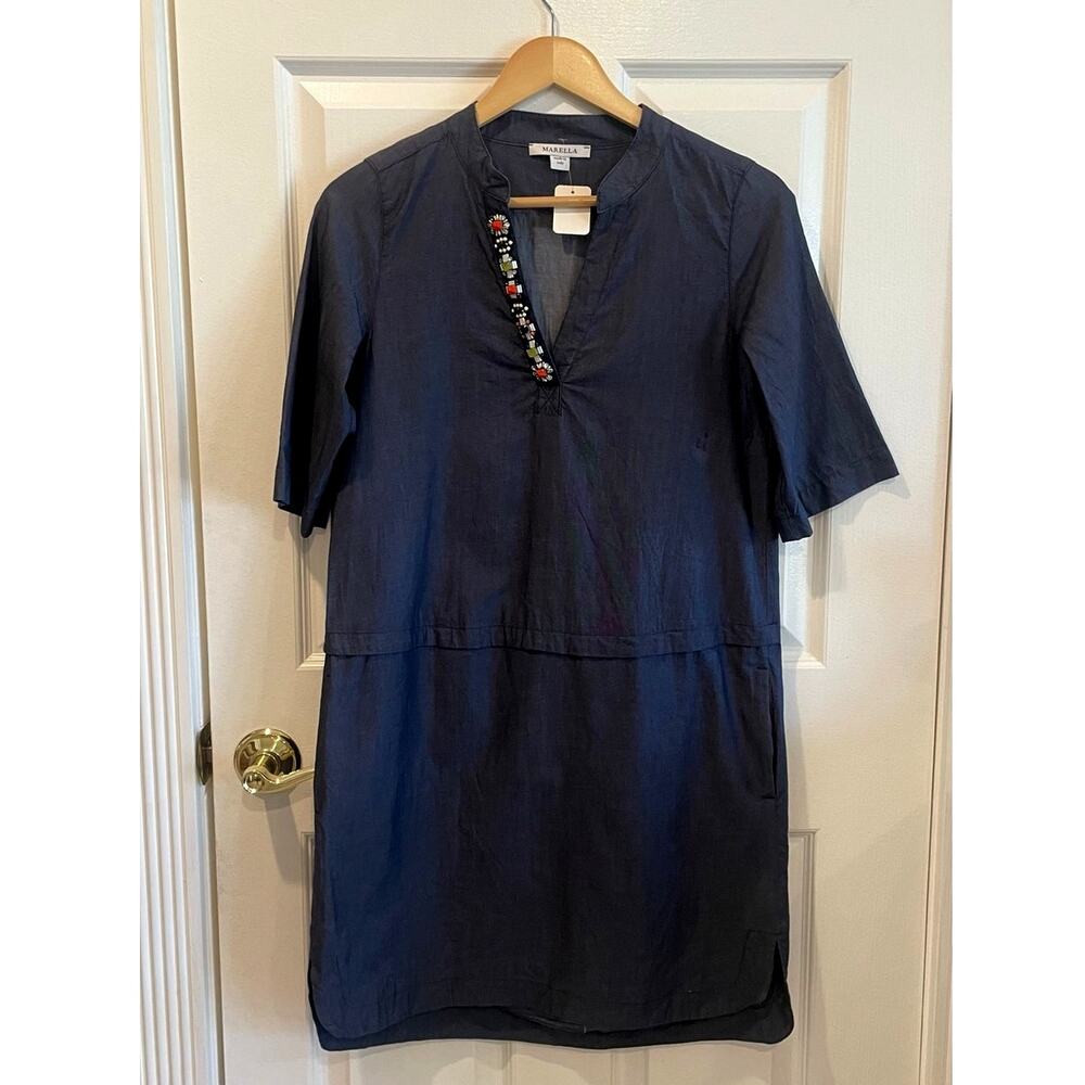 MARELLA made in Italy Beaded V Neckline Cotton Shift Dress with Pockets  Size 4